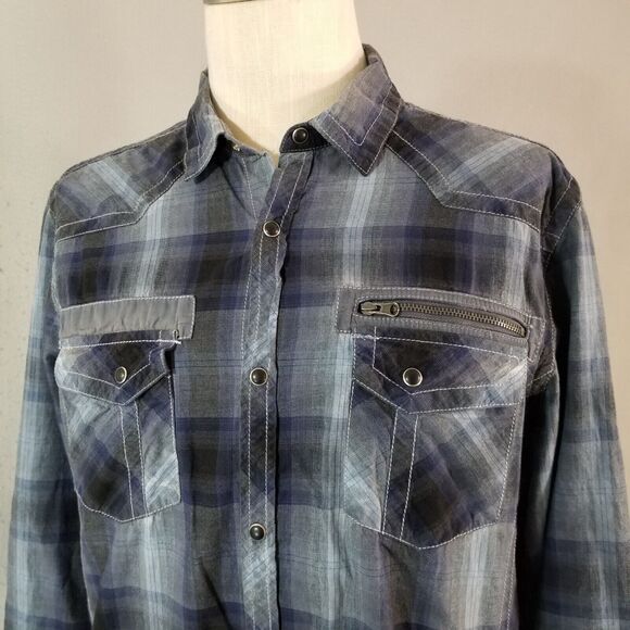 Inc International Concepts shirt men's large blue plaid Pearl snap Western - Picture 6 of 12